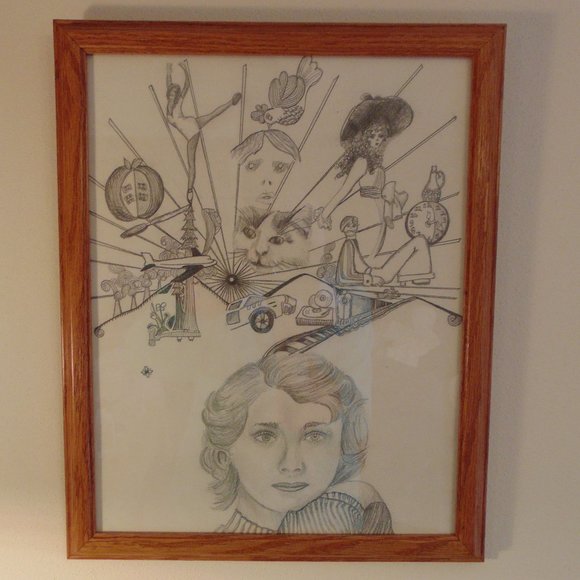 Girl Daydreaming, Original Pencil Sketch, Wood Frame, 12.5x15.5 - Picture 2 of 7